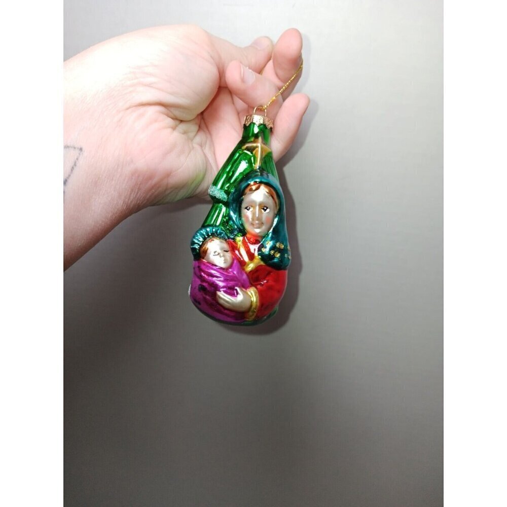Virgin Mary Baby Jesus Glittery  Blown Glass Ornament Old World Christmas